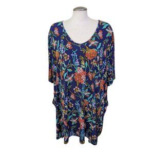 Ulla Popken Womens Tunic Top Plus 36/38 Navy Blue Floral Short Sleeve Pockets